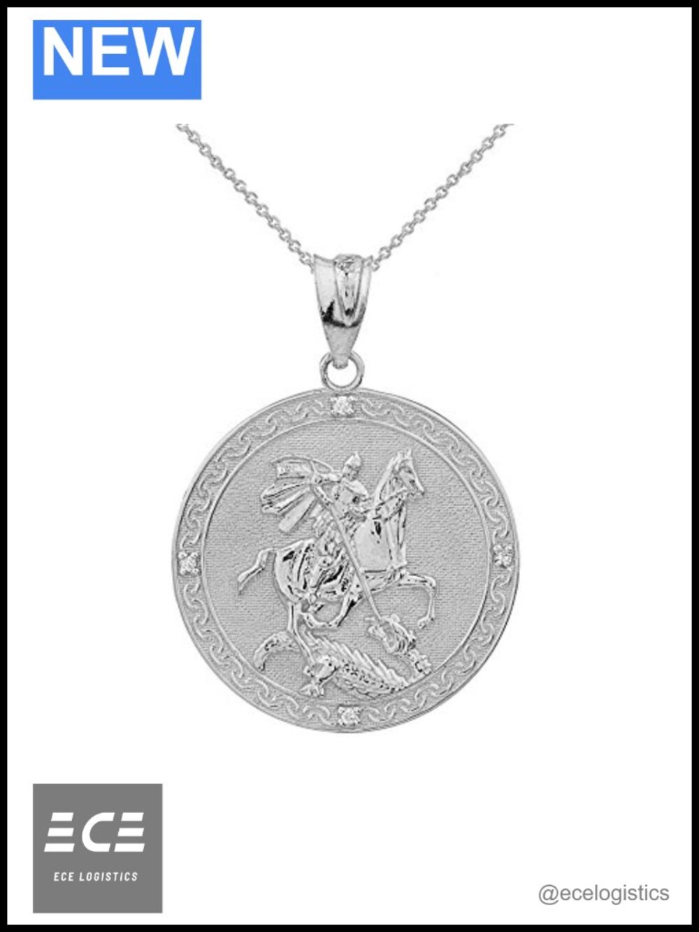 Sterling Silver Saint George Medal CZ Charm Pendant Necklace